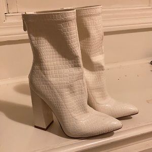 PrettyLittleThing White Heel Snakeskin Boots